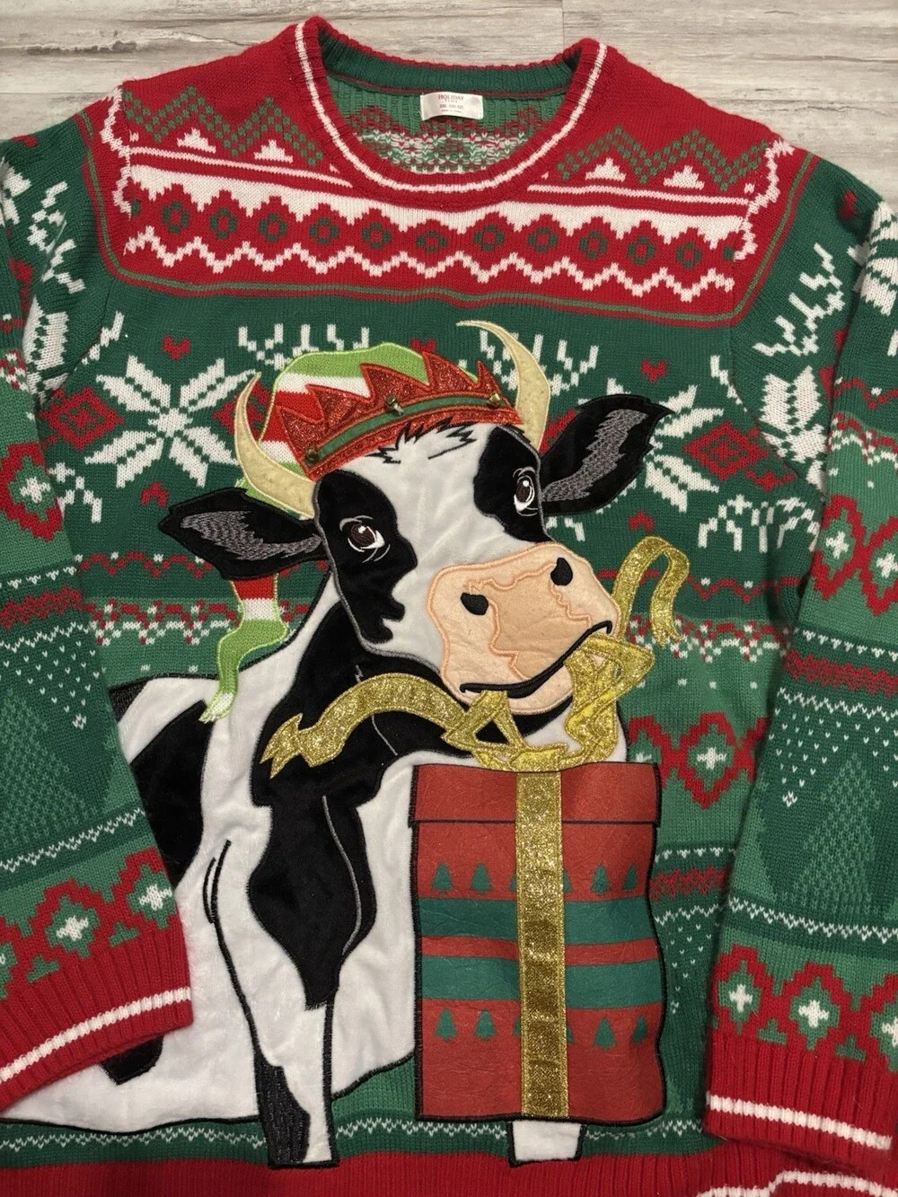 Holiday Time Men's 2XL Fair Isle Christmas Cow Crew Neck Pullover Sweater